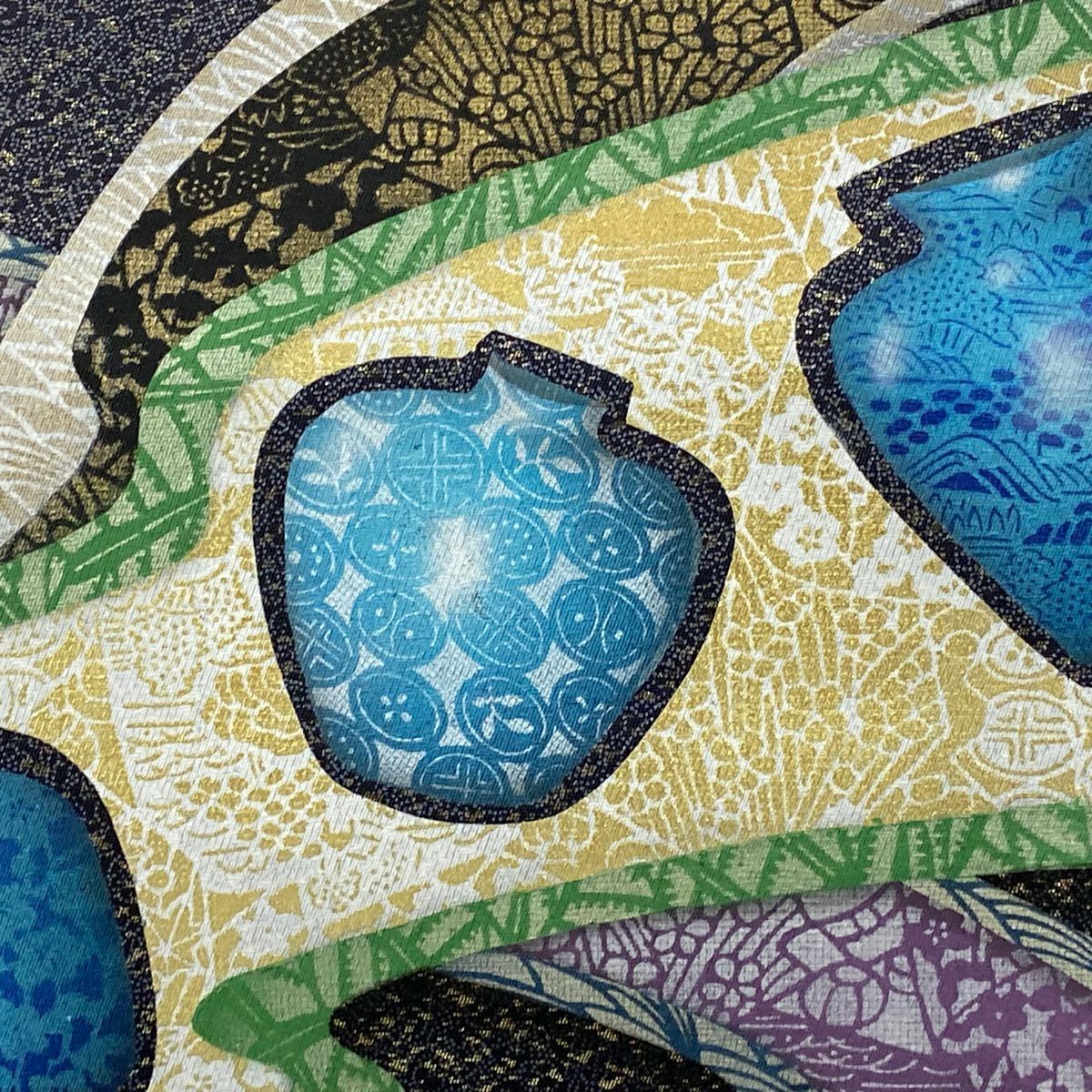 【庫存清倉】 【美品】 袋帶 名品級 附落款 花器 松樹竹子梅花 金金箔 金彩裝飾 青紫 大鼓圖案 純蠶絲