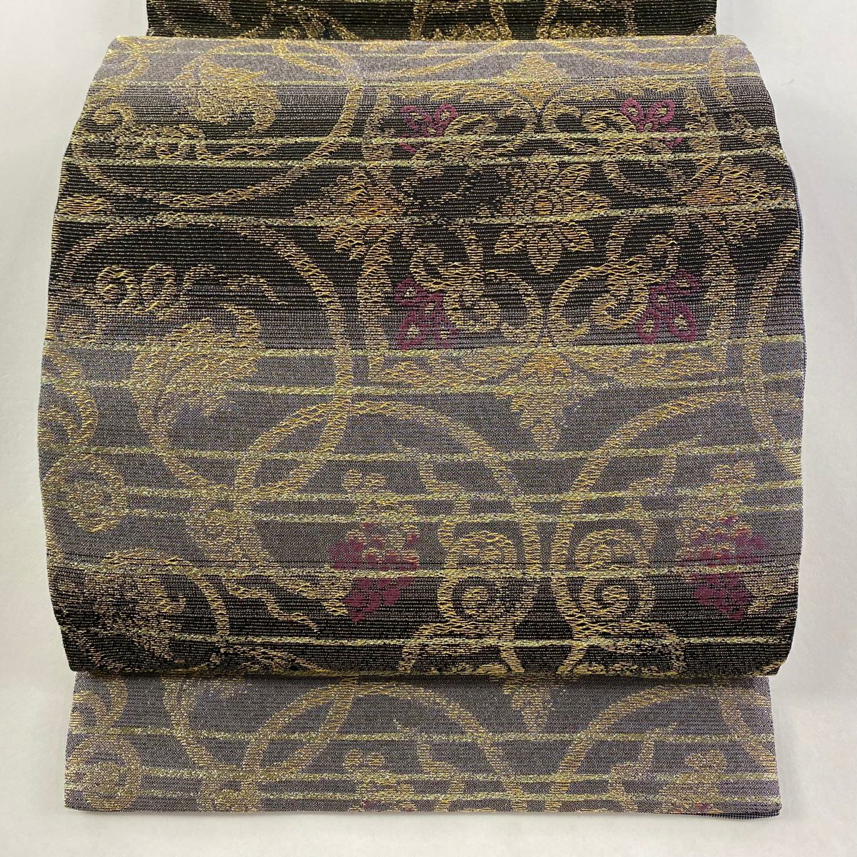 【庫存清倉】 【美品】 袋帶 名品級 段紋 葡萄唐草紋 金絲 金金箔 灰茶 六通 純蠶絲