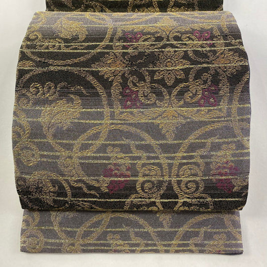 【庫存清倉】 【美品】 袋帶 名品級 段紋 葡萄唐草紋 金絲 金金箔 灰茶 六通 純蠶絲