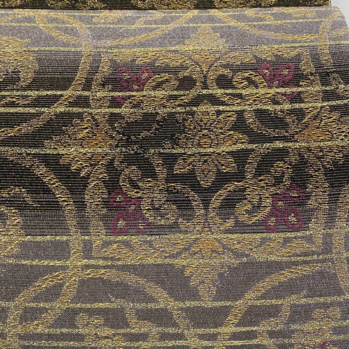 【庫存清倉】 【美品】 袋帶 名品級 段紋 葡萄唐草紋 金絲 金金箔 灰茶 六通 純蠶絲
