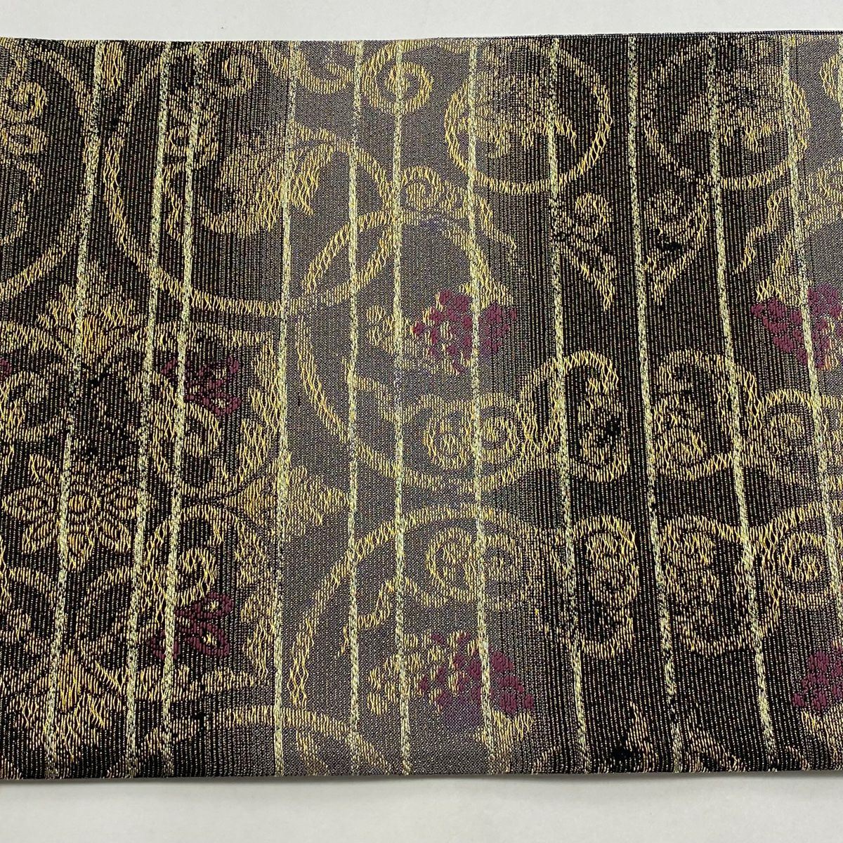 【庫存清倉】 【美品】 袋帶 名品級 段紋 葡萄唐草紋 金絲 金金箔 灰茶 六通 純蠶絲
