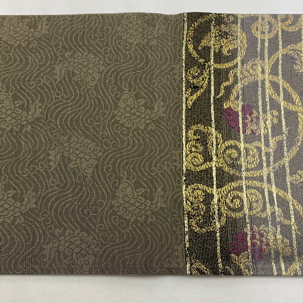 【庫存清倉】 【美品】 袋帶 名品級 段紋 葡萄唐草紋 金絲 金金箔 灰茶 六通 純蠶絲