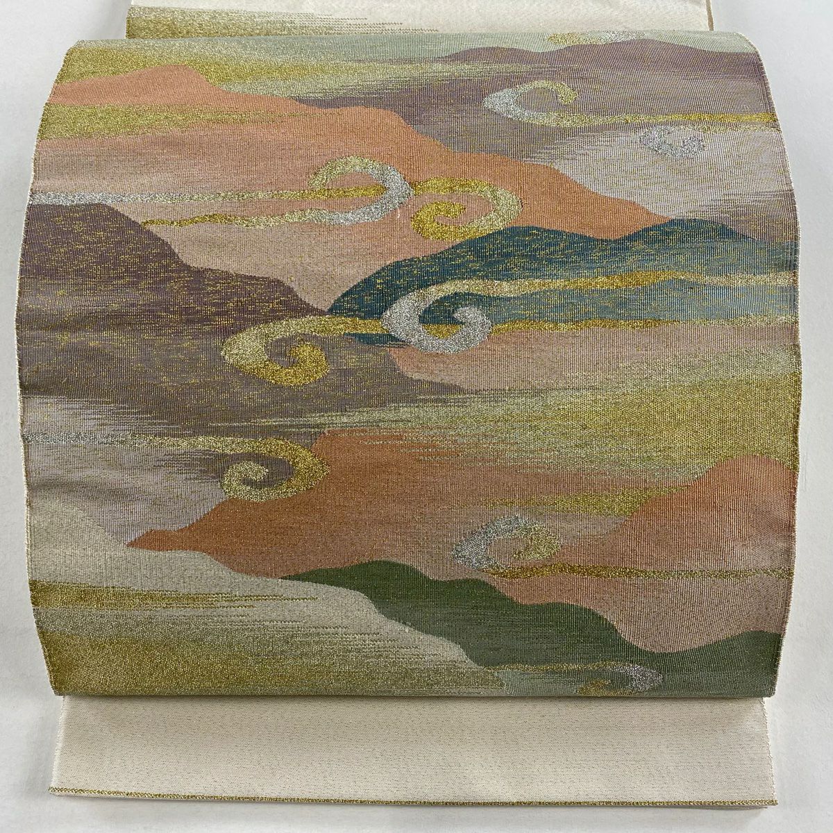 【美品】 袋帶 秀品級 關西仕立 雲紋 霞 金通 金銀絲 米色 大鼓圖案 純蠶絲