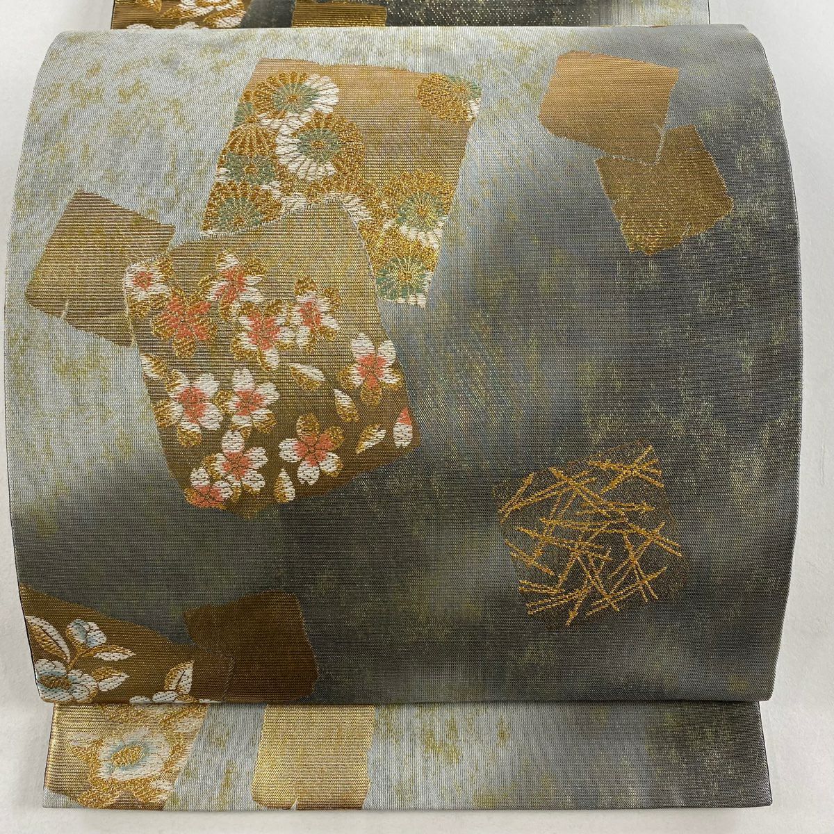 袋帶 秀品級 破れ色紙 草花紋 金糸 金金箔 銀 六通 純蠶絲