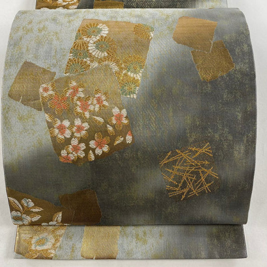 袋帶 秀品級 破れ色紙 草花紋 金糸 金金箔 銀 六通 純蠶絲