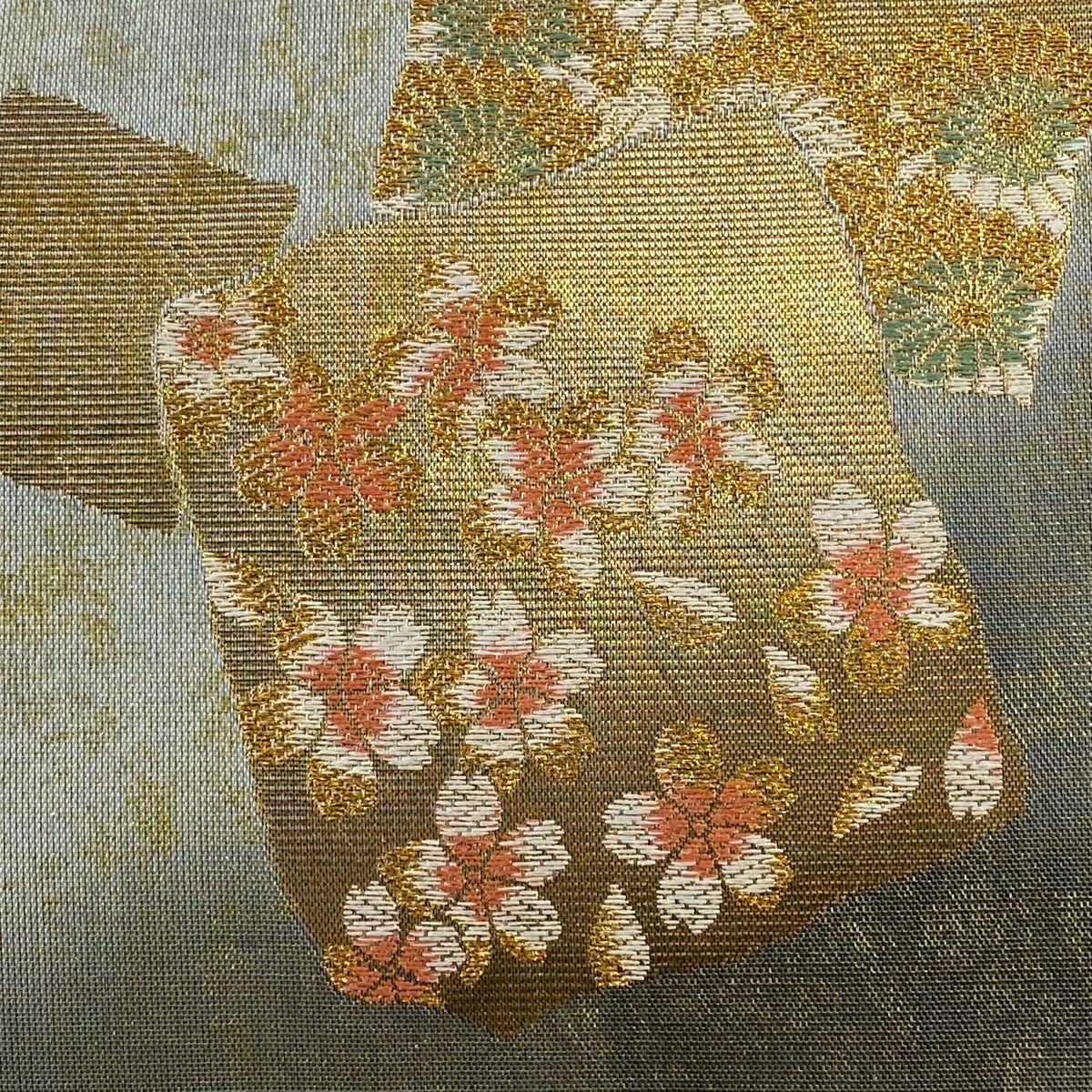 袋帶 秀品級 破れ色紙 草花紋 金糸 金金箔 銀 六通 純蠶絲