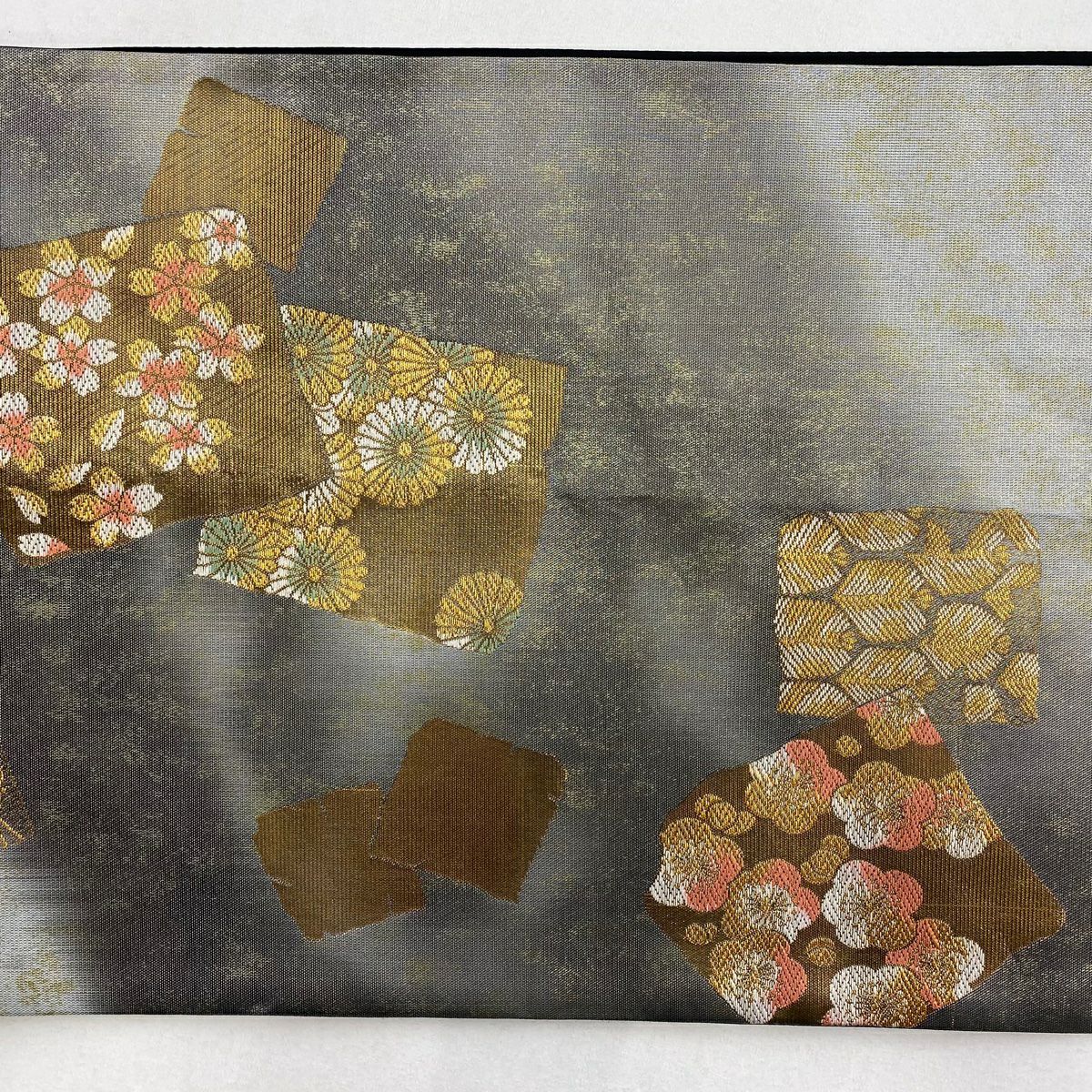 袋帶 秀品級 破れ色紙 草花紋 金糸 金金箔 銀 六通 純蠶絲
