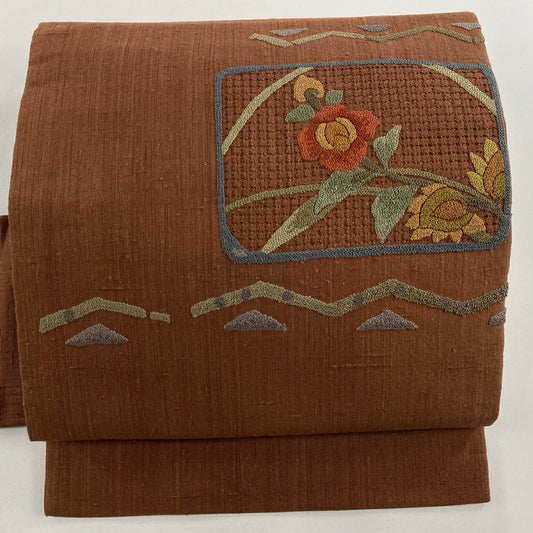 【美品】名古屋帶 秀品級 紬織織 色紙 草花紋紋 刺繡 茶 純蠶絲