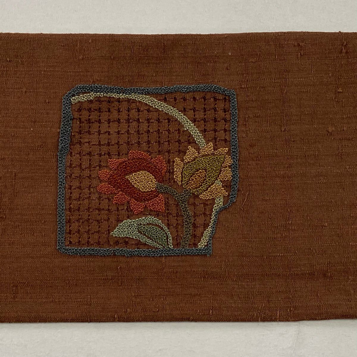 【美品】名古屋帶 秀品級 紬織織 色紙 草花紋紋 刺繡 茶 純蠶絲