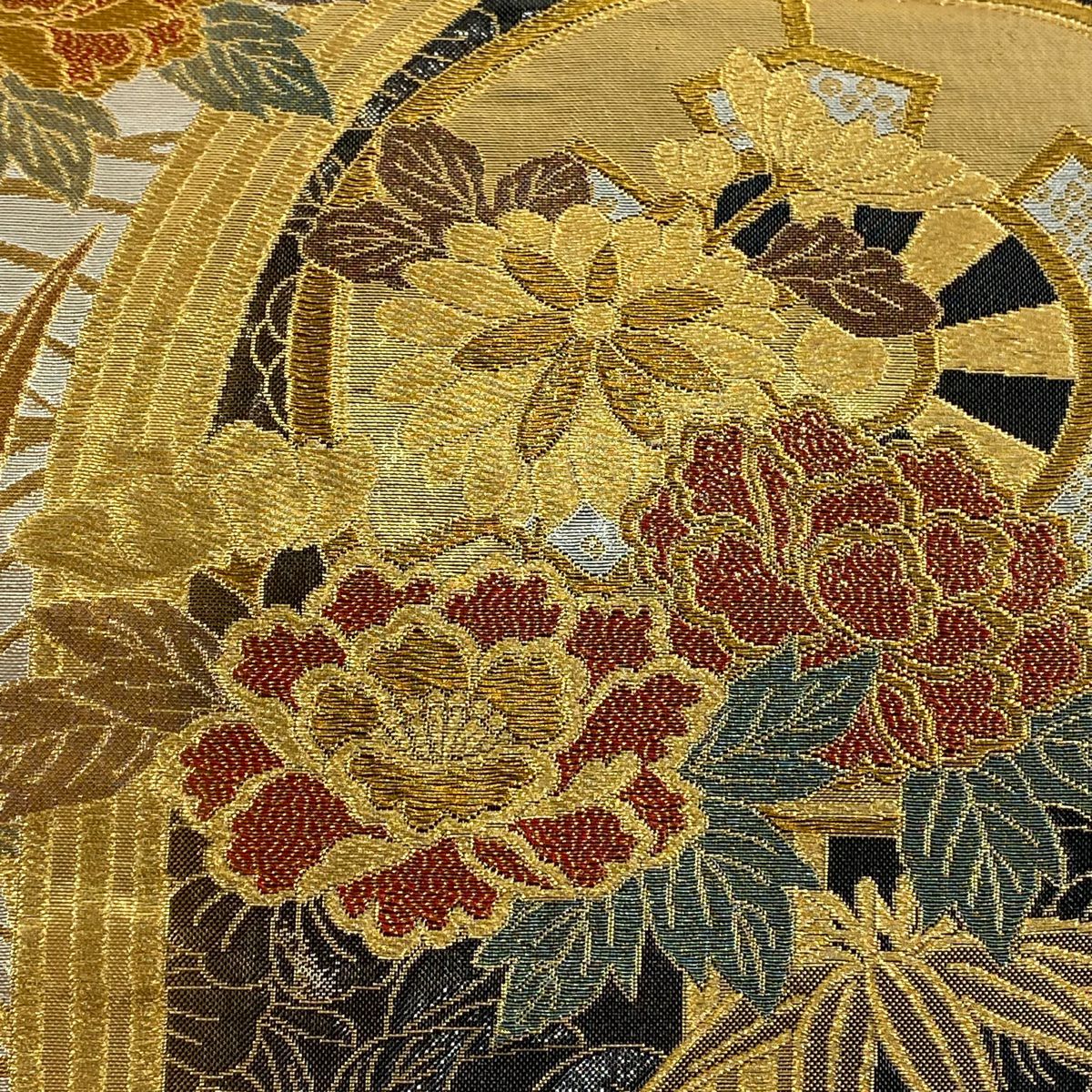 袋帶 秀品級 源氏車 草花紋 金絲 金金箔 銀 六通 純蠶絲