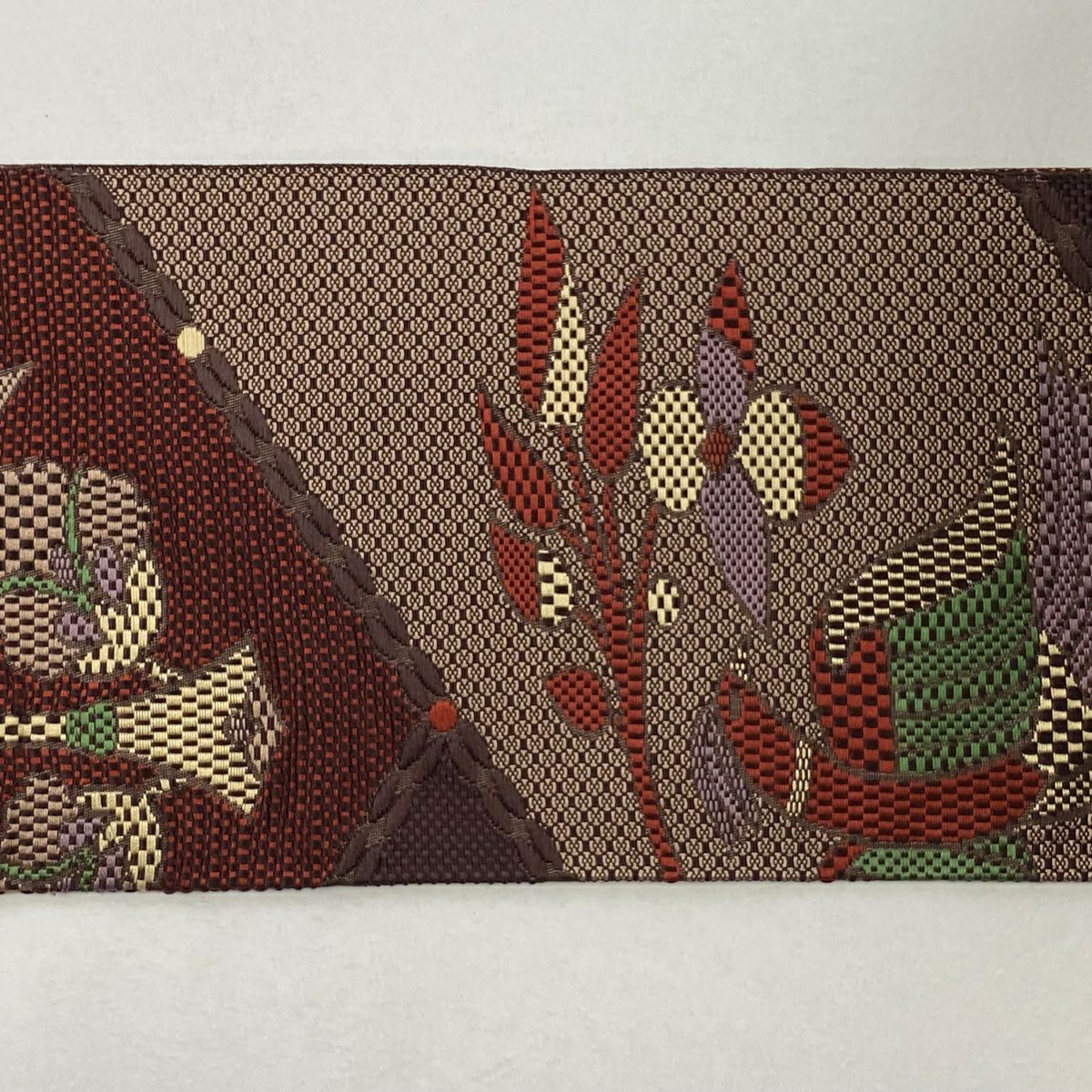 名古屋帶 秀品級 八寸名古屋帶 鳥 草花紋 茶紫 純蠶絲