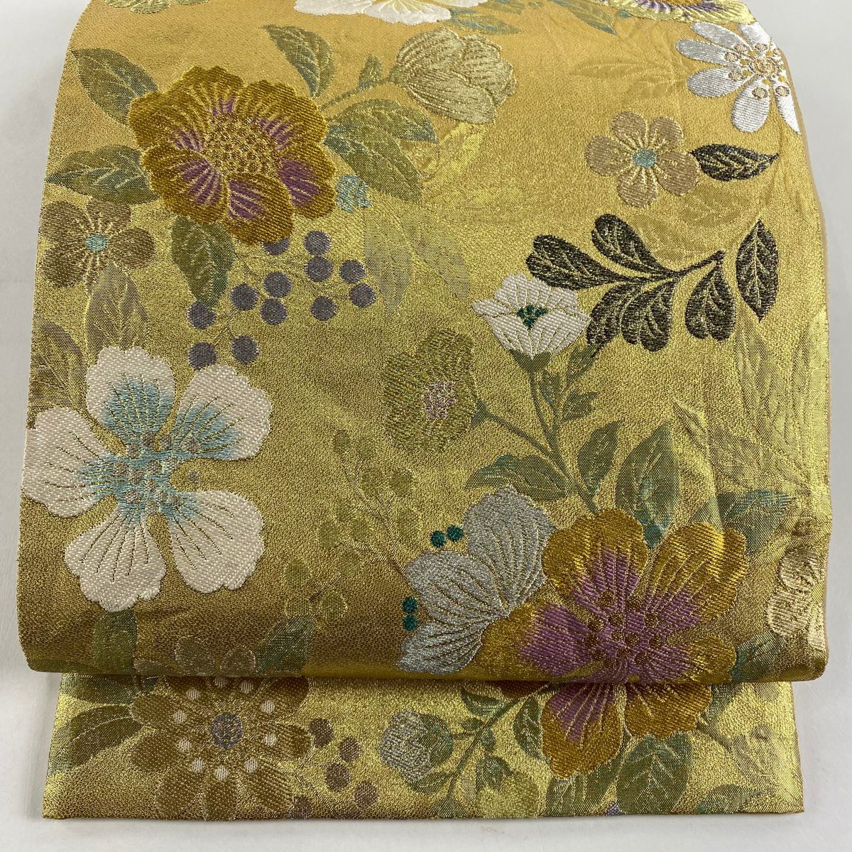 袋帶 秀品級 草花紋 金銀彩 金金箔 金色 六通 純蠶絲