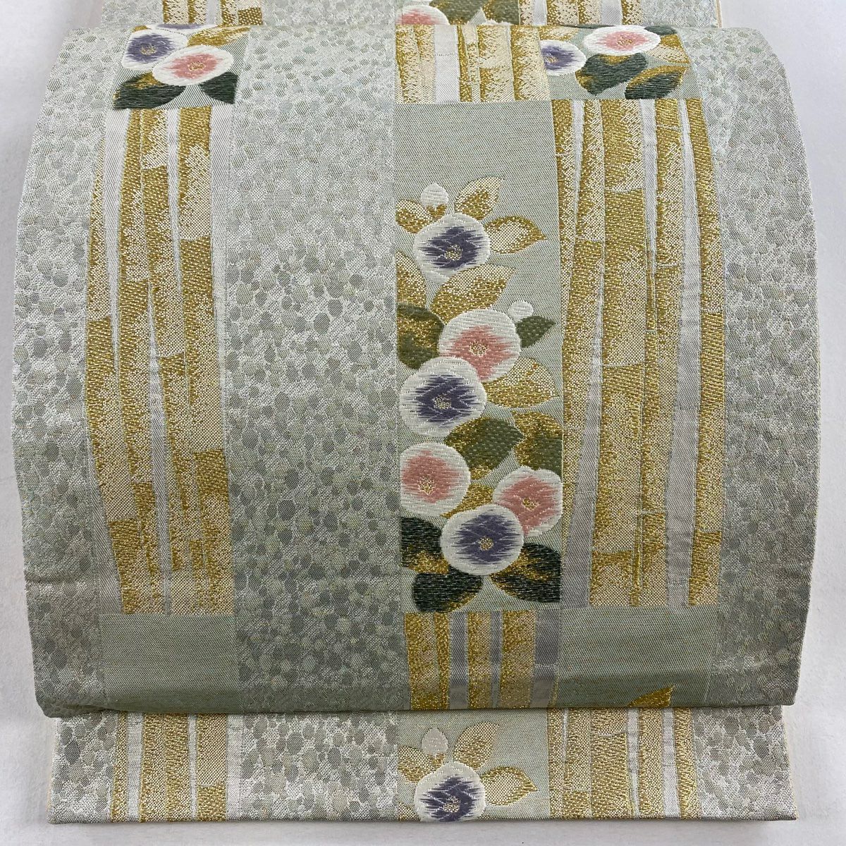 袋帶 秀品級 草花紋紋 竹子 金絲 金金箔 淺綠 六通 純蠶絲