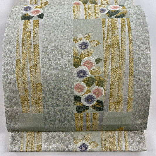 袋帶 秀品級 草花紋紋 竹子 金絲 金金箔 淺綠 六通 純蠶絲