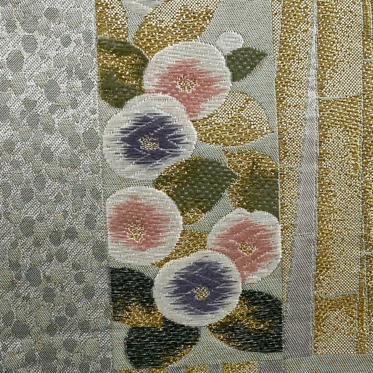 袋帶 秀品級 草花紋紋 竹子 金絲 金金箔 淺綠 六通 純蠶絲