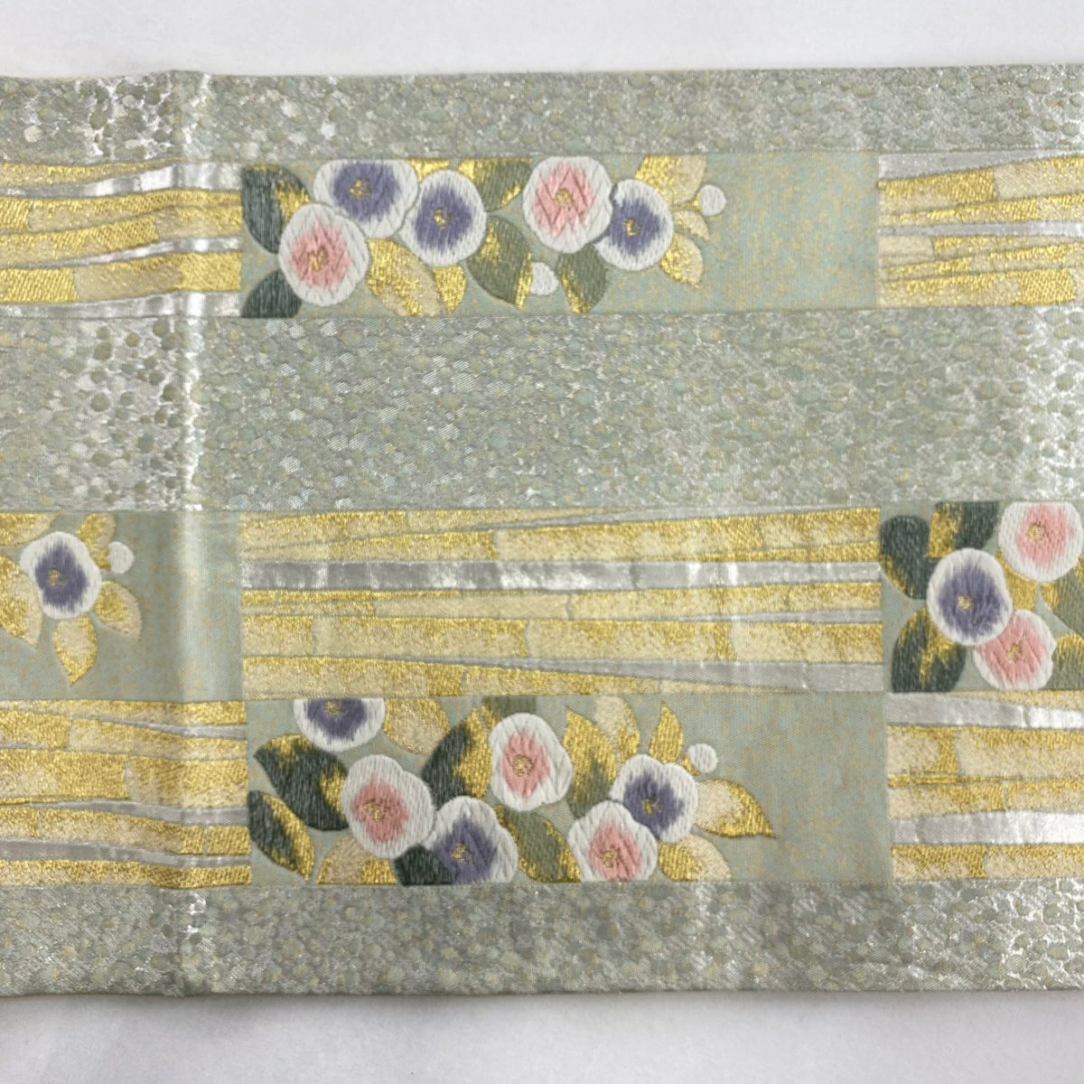 袋帶 秀品級 草花紋紋 竹子 金絲 金金箔 淺綠 六通 純蠶絲