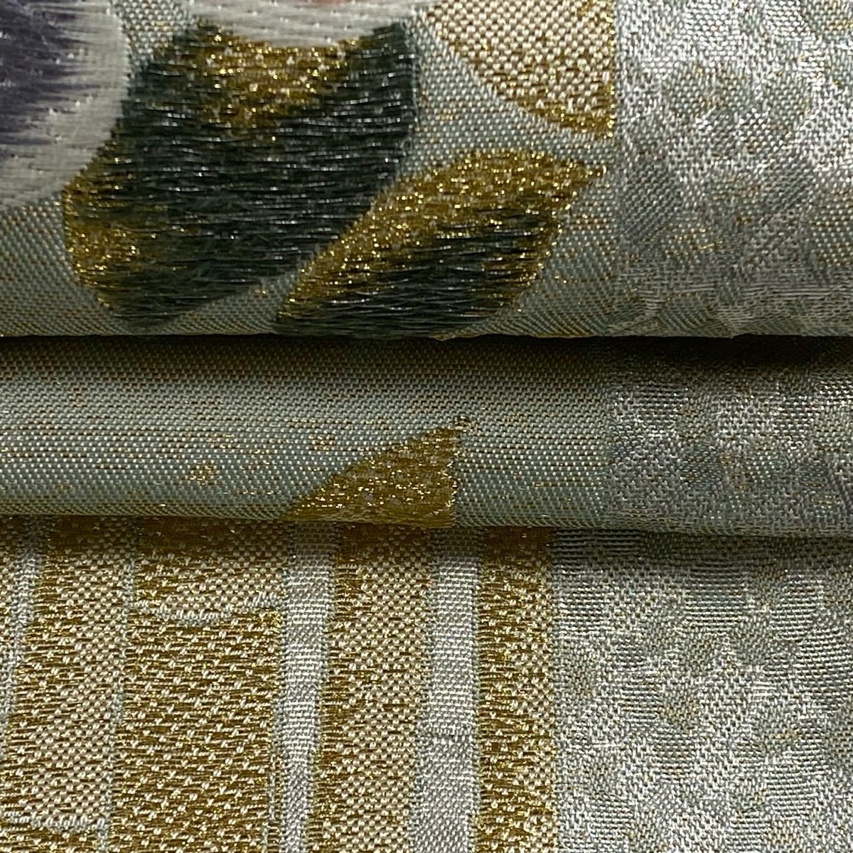 袋帶 秀品級 草花紋紋 竹子 金絲 金金箔 淺綠 六通 純蠶絲