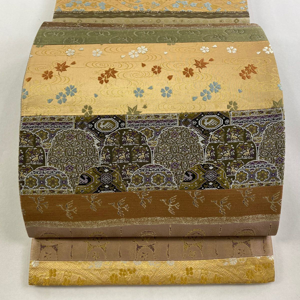 【美品】 袋帶 秀品級 寄花紋 段紋 灰綠 全通 純蠶絲