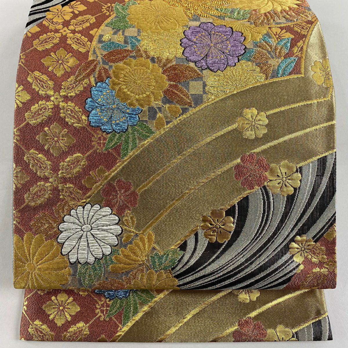 【美品】 袋帶 秀品級 花丸紋 櫻花 金銀彩 金金箔 紅茶 全通 純蠶絲