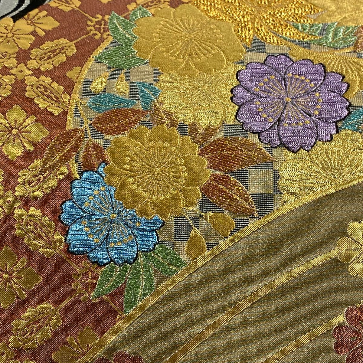 【美品】 袋帶 秀品級 花丸紋 櫻花 金銀彩 金金箔 紅茶 全通 純蠶絲