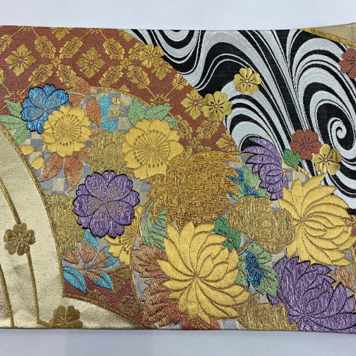 【美品】 袋帶 秀品級 花丸紋 櫻花 金銀彩 金金箔 紅茶 全通 純蠶絲