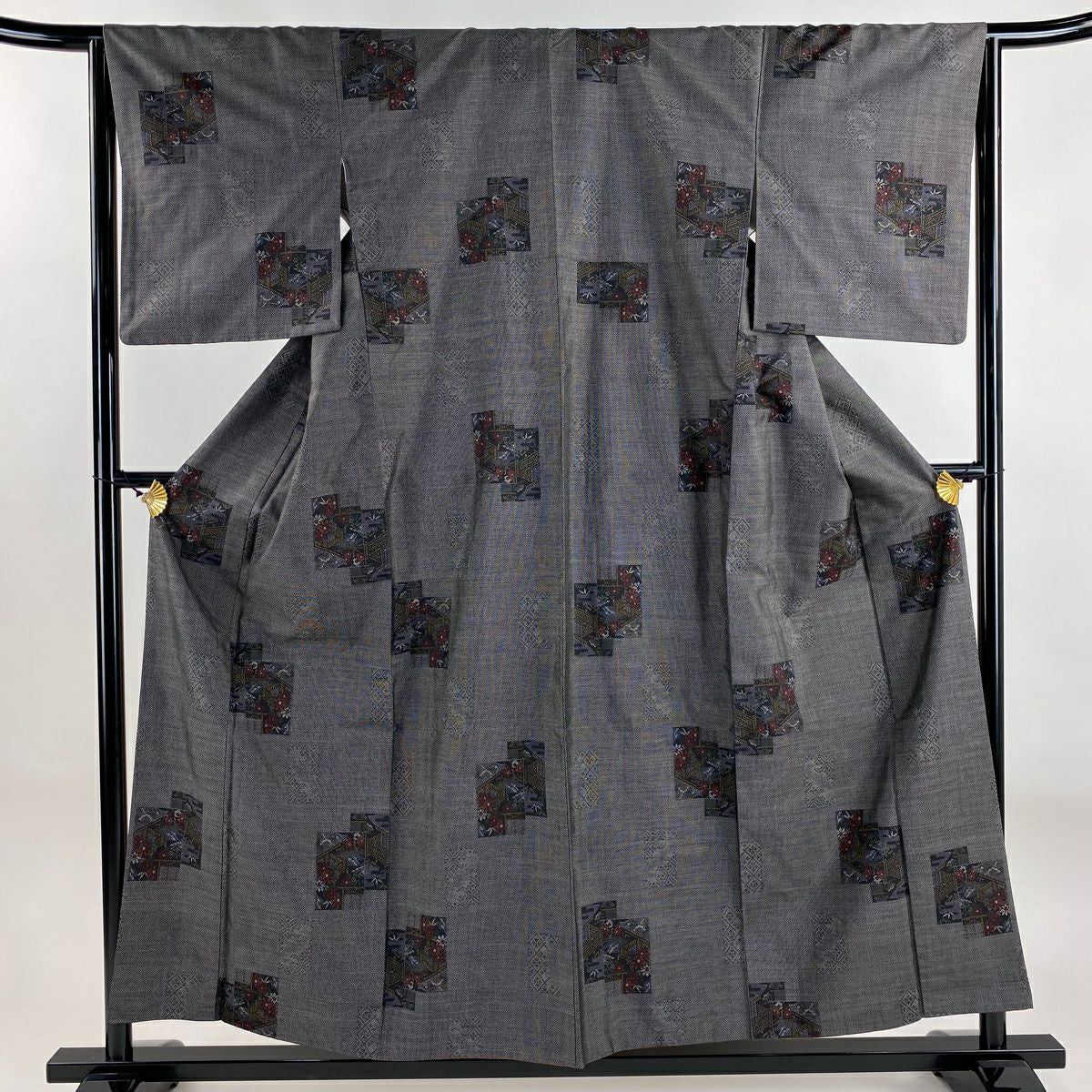 【美品】 紬織 身長155cm 袖長64cm M 雙層 草花紋紋 家屋 黑灰 純蠶絲 秀品級