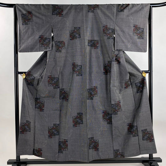 【美品】 紬織 身長155cm 袖長64cm M 雙層 草花紋紋 家屋 黑灰 純蠶絲 秀品級