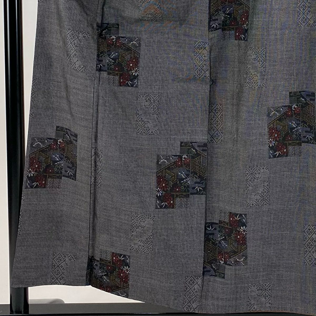 【美品】 紬織 身長155cm 袖長64cm M 雙層 草花紋紋 家屋 黑灰 純蠶絲 秀品級