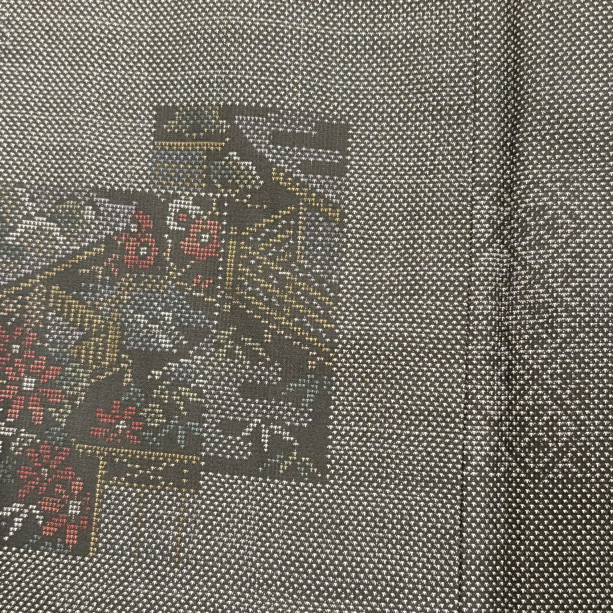 【美品】 紬織 身長155cm 袖長64cm M 雙層 草花紋紋 家屋 黑灰 純蠶絲 秀品級