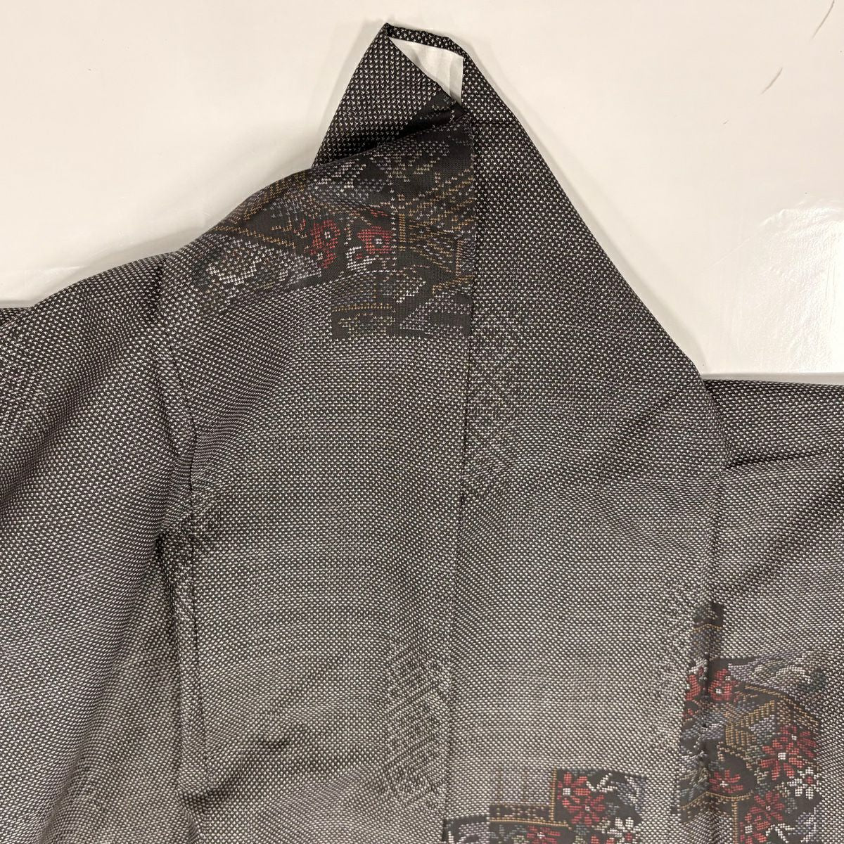 【美品】 紬織 身長155cm 袖長64cm M 雙層 草花紋紋 家屋 黑灰 純蠶絲 秀品級