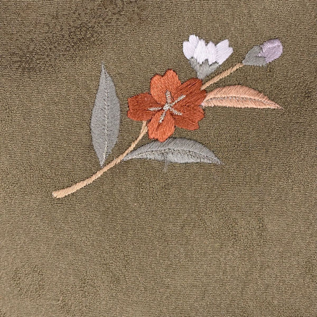 付下 身長155.5cm 袖長64.5cm M 雙層 枝花 蝶刺繡 金絲 鶯色 純蠶絲 秀品級