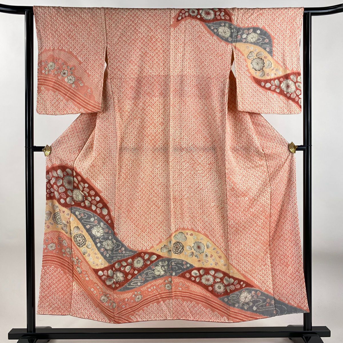 訪問服 身長153cm 袖長62cm S 雙層 草花紋紋 流水圖案 染分 絞染 鮭粉色 純蠶絲 優品級