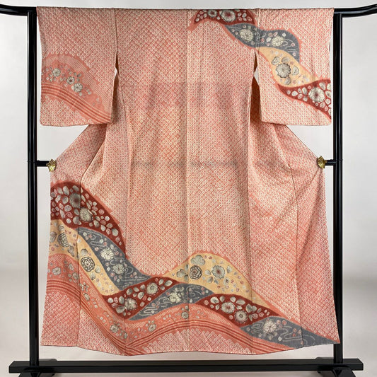 訪問服 身長153cm 袖長62cm S 雙層 草花紋紋 流水圖案 染分 絞染 鮭粉色 純蠶絲 優品級