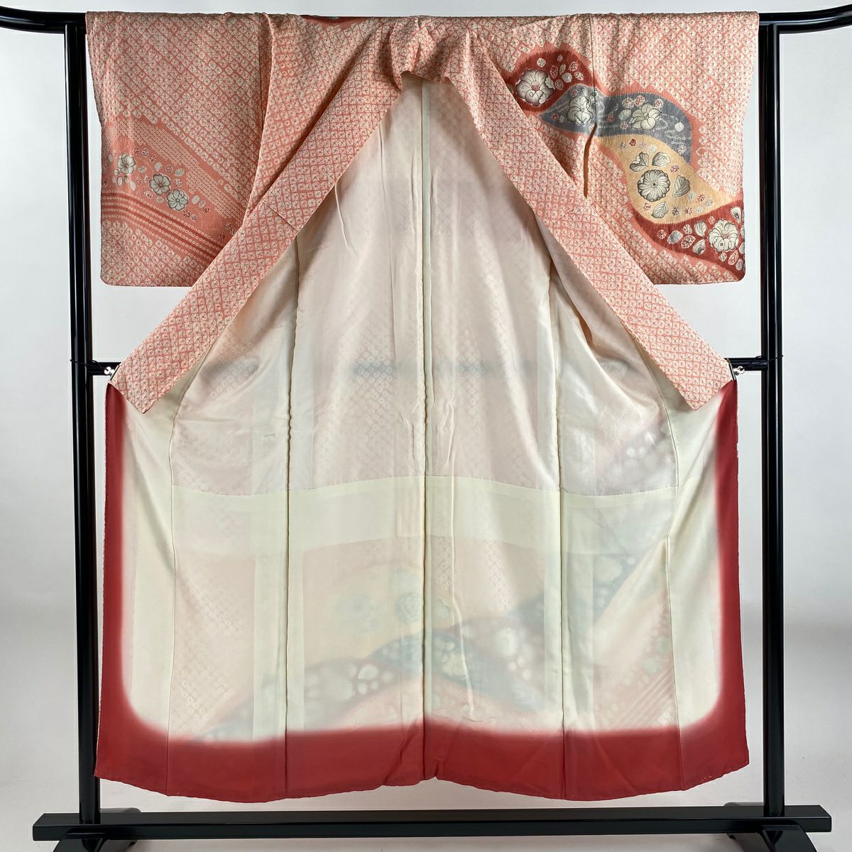 訪問服 身長153cm 袖長62cm S 雙層 草花紋紋 流水圖案 染分 絞染 鮭粉色 純蠶絲 優品級
