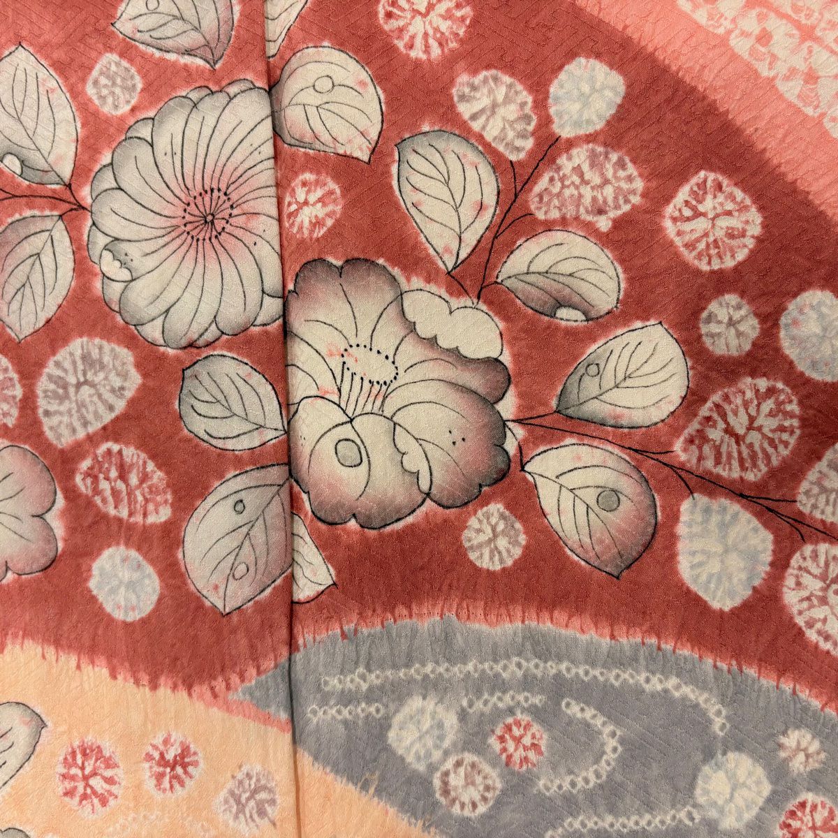 訪問服 身長153cm 袖長62cm S 雙層 草花紋紋 流水圖案 染分 絞染 鮭粉色 純蠶絲 優品級