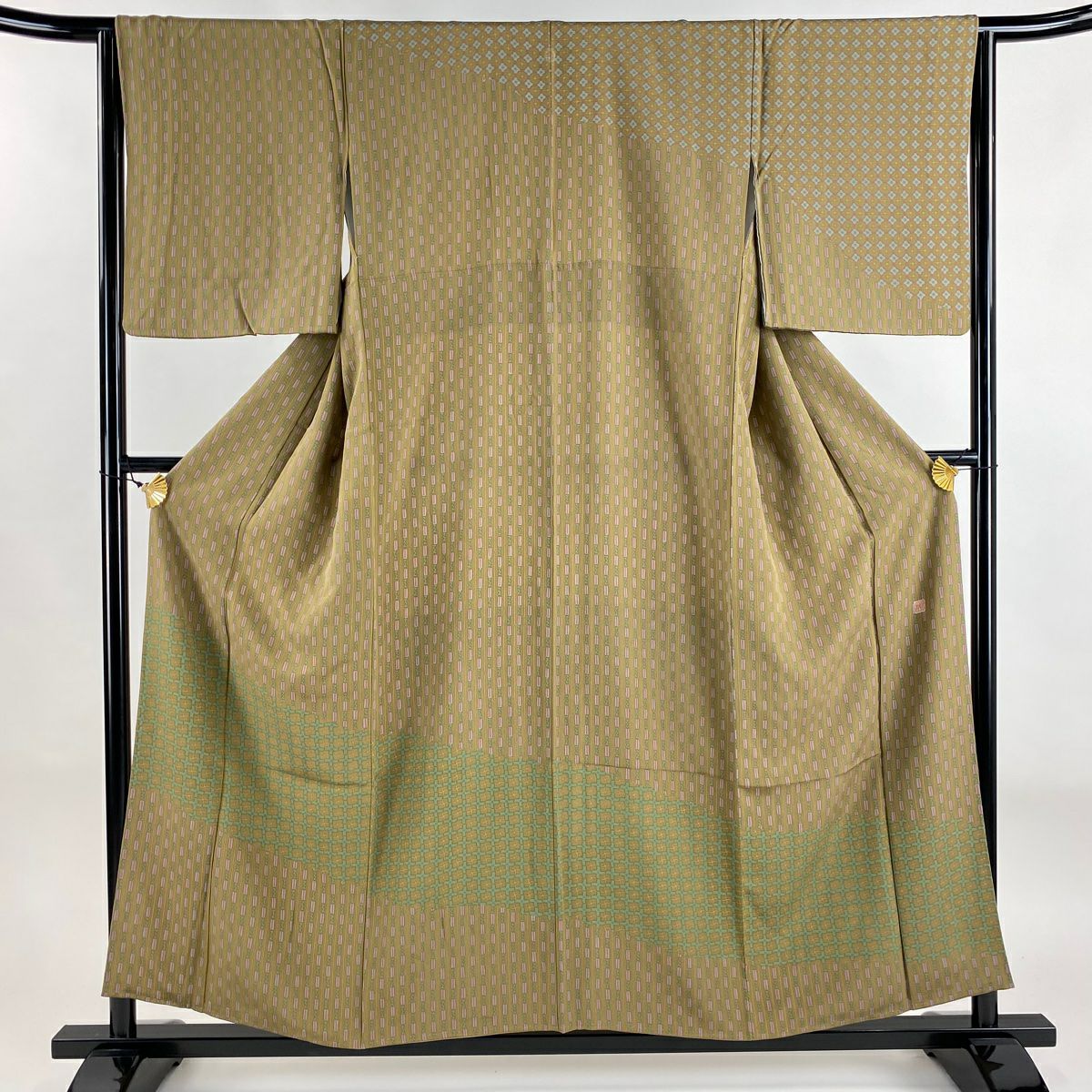 【美品】訪問服 身長156cm 袖長64cm M 雙層 落款あり 縦縞 幾何學 鶯色 純蠶絲 秀品級 一つ紋