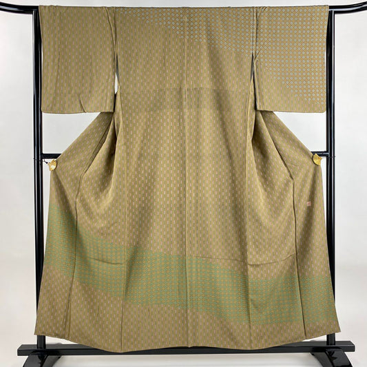 【美品】訪問服 身長156cm 袖長64cm M 雙層 落款あり 縦縞 幾何學 鶯色 純蠶絲 秀品級 一つ紋