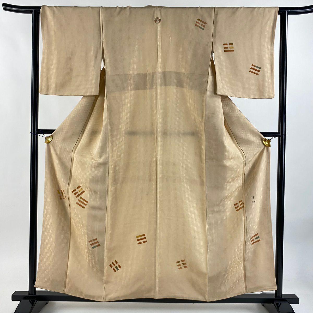 【美品】 付下 身長158cm 袖長62.5cm S 雙層 地紋 幾何圖案 金絲 金銀彩 淺橙色 純蠶絲 優品級 一個紋