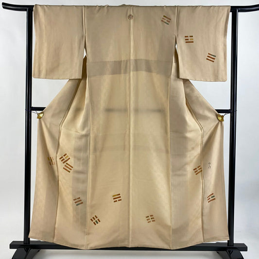 【美品】 付下 身長158cm 袖長62.5cm S 雙層 地紋 幾何圖案 金絲 金銀彩 淺橙色 純蠶絲 優品級 一個紋