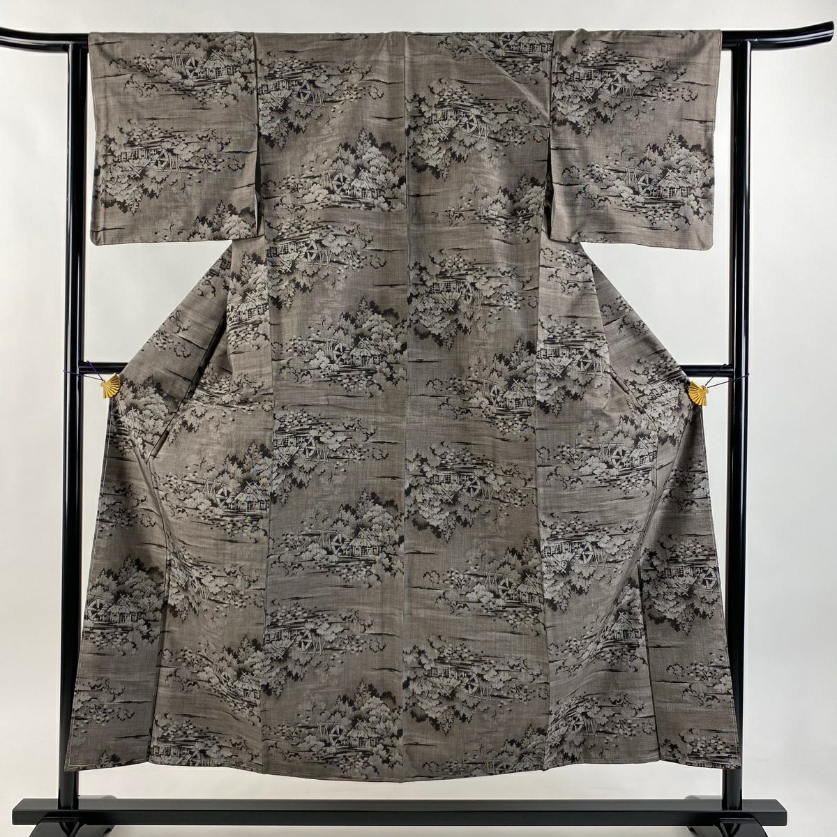 【美品】 紬織織 身長153.5cm 袖長62cm S 雙層 巴士領 家屋 水車 焦茶 純蠶絲 秀品級