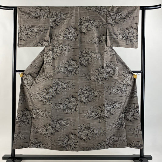 【美品】 紬織織 身長153.5cm 袖長62cm S 雙層 巴士領 家屋 水車 焦茶 純蠶絲 秀品級