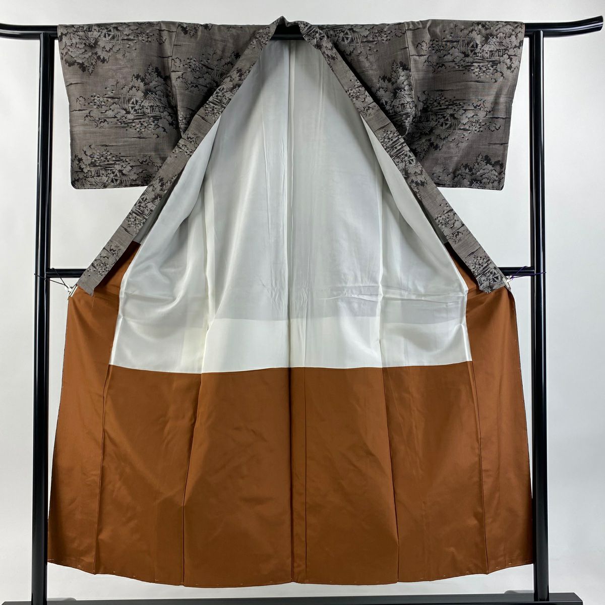 【美品】 紬織織 身長153.5cm 袖長62cm S 雙層 巴士領 家屋 水車 焦茶 純蠶絲 秀品級