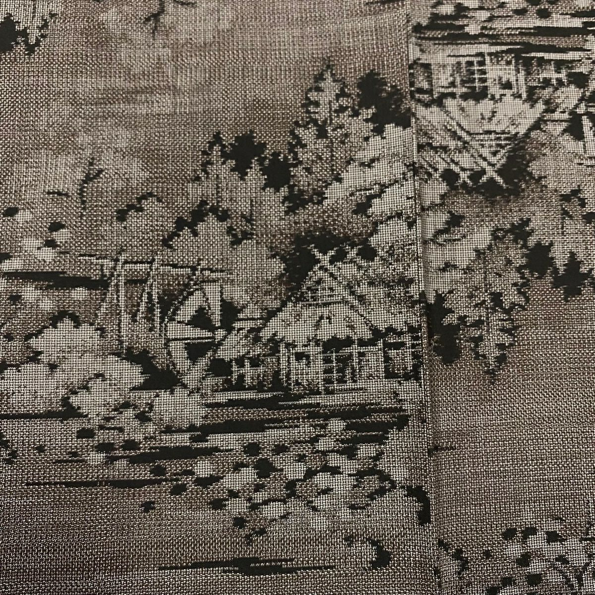【美品】 紬織織 身長153.5cm 袖長62cm S 雙層 巴士領 家屋 水車 焦茶 純蠶絲 秀品級