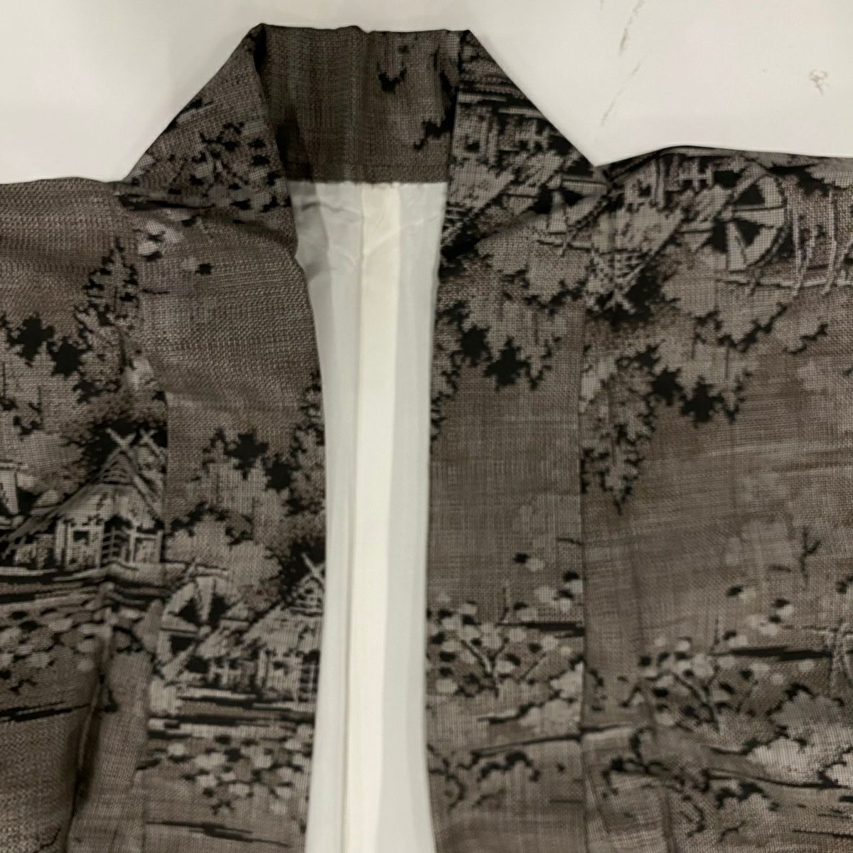 【美品】 紬織織 身長153.5cm 袖長62cm S 雙層 巴士領 家屋 水車 焦茶 純蠶絲 秀品級