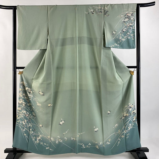 訪問服 身長160.5cm 袖長63cm S 雙層 草花紋紋 芝 ぼかし 灰綠 純蠶絲 秀品級 一つ紋