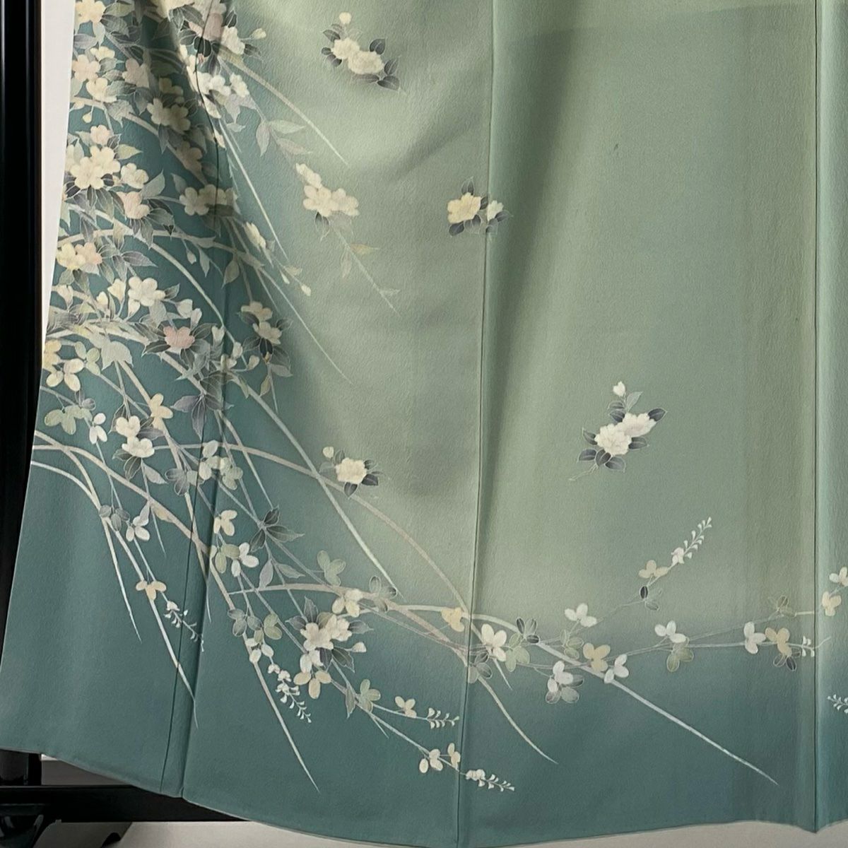 訪問服 身長160.5cm 袖長63cm S 雙層 草花紋紋 芝 ぼかし 灰綠 純蠶絲 秀品級 一つ紋