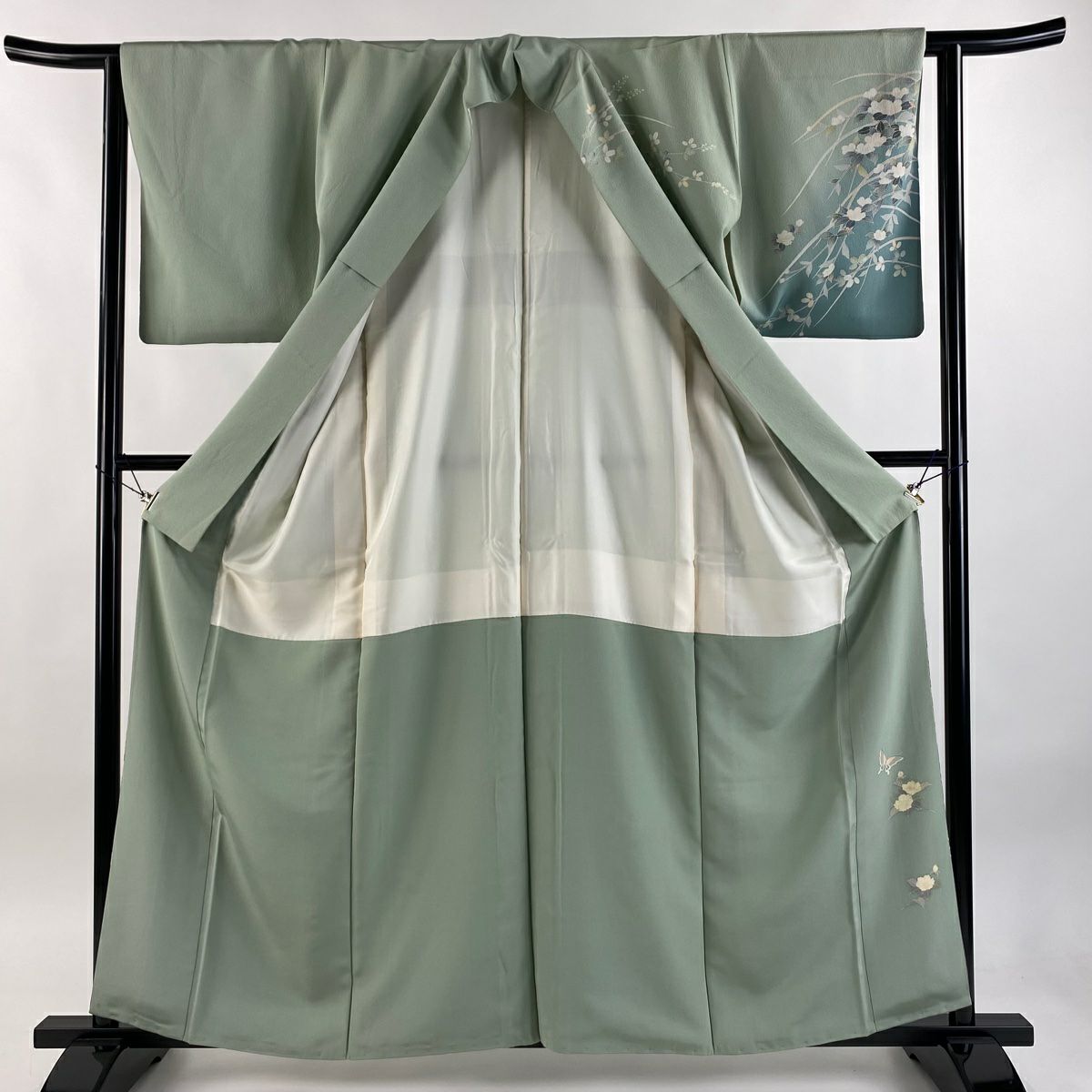 訪問服 身長160.5cm 袖長63cm S 雙層 草花紋紋 芝 ぼかし 灰綠 純蠶絲 秀品級 一つ紋