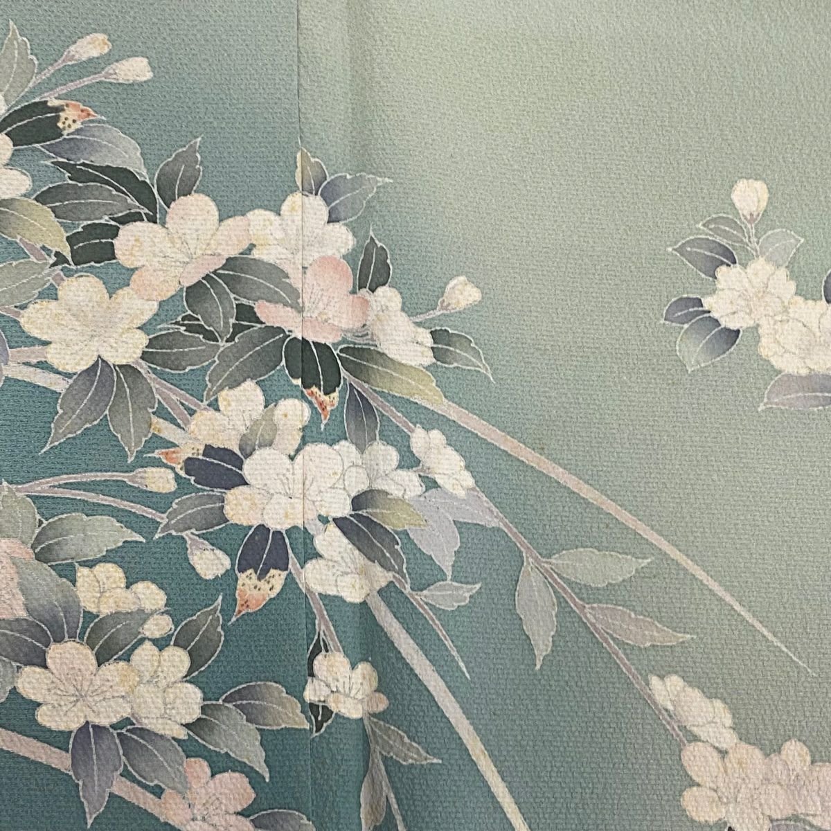 訪問服 身長160.5cm 袖長63cm S 雙層 草花紋紋 芝 ぼかし 灰綠 純蠶絲 秀品級 一つ紋