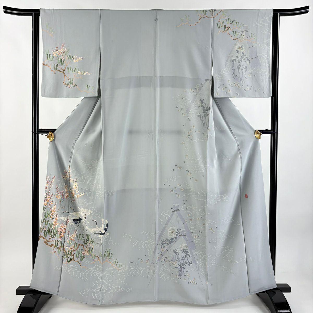 訪問服 身長162.5cm 袖長62.5cm S 雙層 村田幸司 落款あり 仙鶴 梅花松樹 青灰 純蠶絲 逸品級 一つ紋