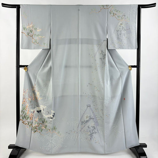 訪問服 身長162.5cm 袖長62.5cm S 雙層 村田幸司 落款あり 仙鶴 梅花松樹 青灰 純蠶絲 逸品級 一つ紋